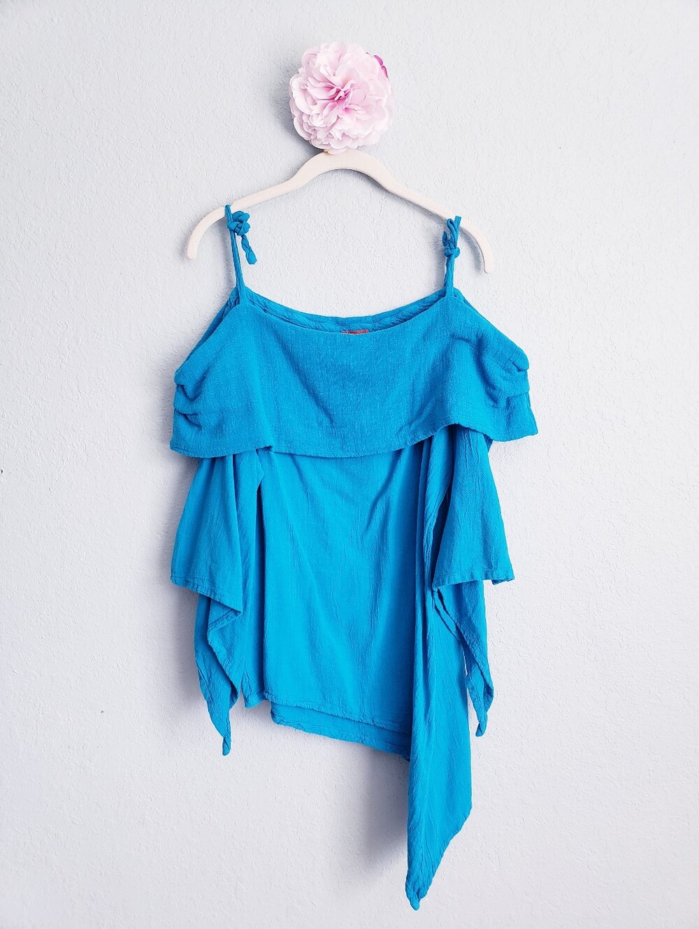 Oh My Gauze! Blue Cold Shoulder Asymmetrical Gauze Tank Top